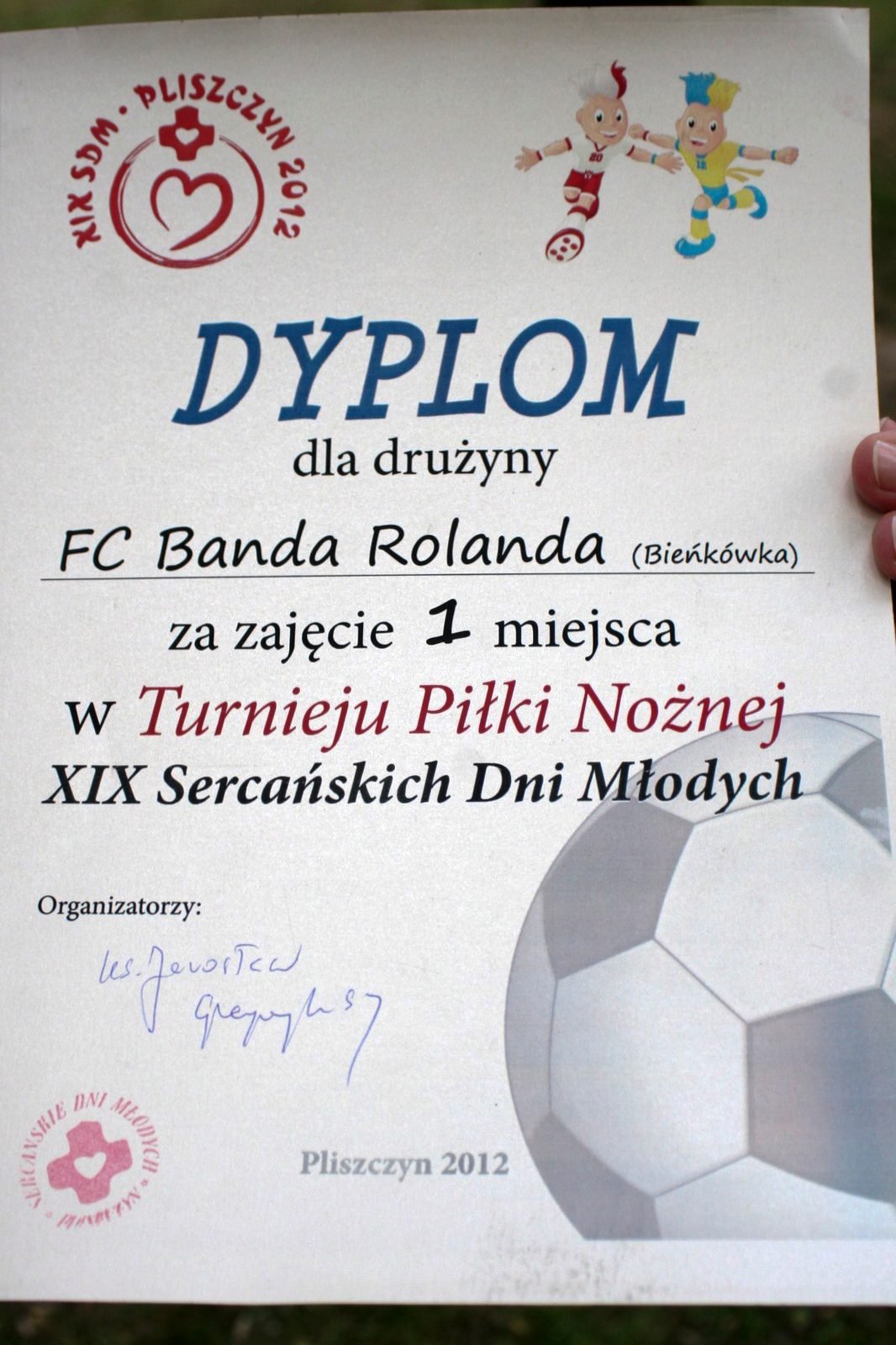 Dyplom za I miejsce w turnieju piłki nożnej.