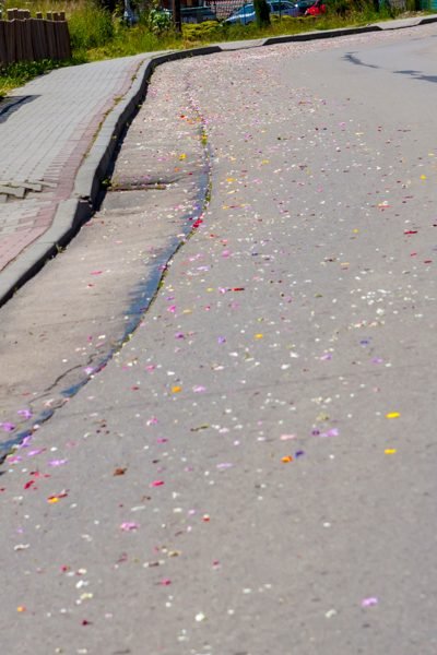Płatki kwiatów na drodze.