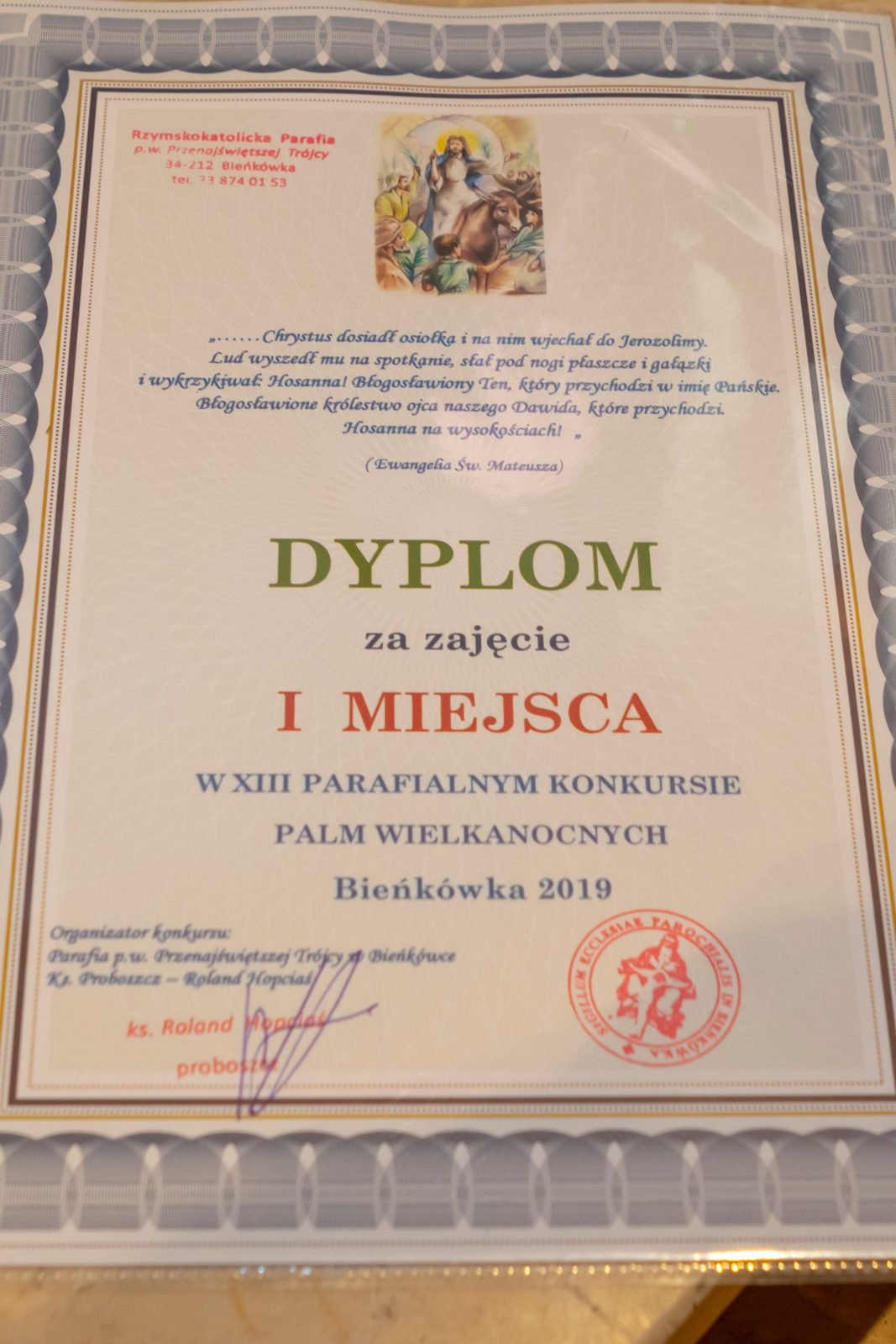 Dyplom za zajęcie I miejsca w XIII Konkursie Palm.