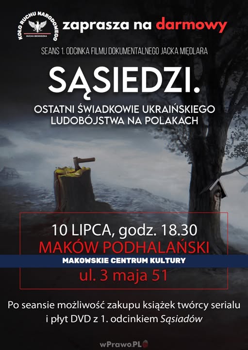 Plakat zapraszający na film dokumentalny 'Sąsiedzi' o tragicznych wydarzeniach na Wołyniu
